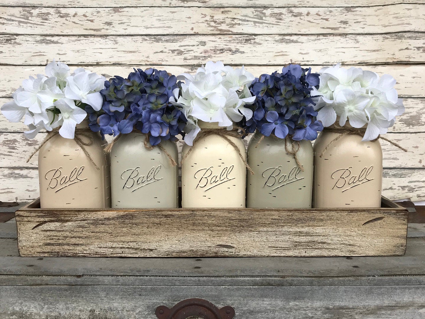 Mason Jar Centerpiece Wood TRAY + 5 Mason QUART Jars (Flowers optional) Table Decor - Wooden Hearts Inc