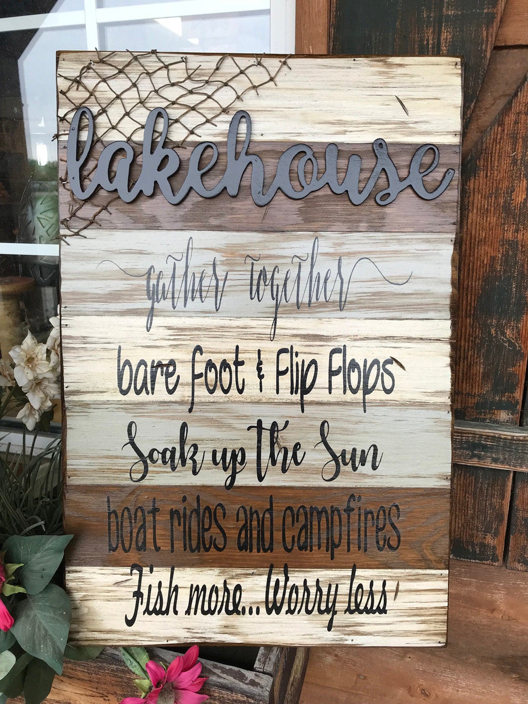 LAKE HOUSE BROWN COMBO decor SIGN *Boat Campfires Fish Net Lakehouse *Wood 16X24 - Wooden Hearts Inc
