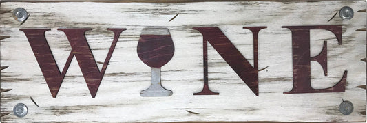 WINE with wine glass Sign, Horizontal Wood Bar Decor *Antique Red & White, Large Wall - Wooden Hearts Inc