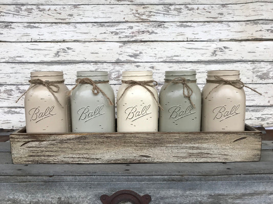 MASON Jar Centerpiece Wood TRAY + 5 Mason QUART Jars (Flowers optional) Table Decor - Wooden Hearts Inc
