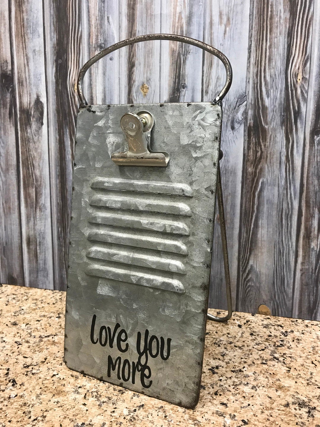Love you more Sign PHOTO HOLDER Metal Antique Cheese Grater with Clip Picture Frame 4x6 photos - Wooden Hearts Inc