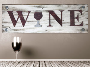 WINE with wine glass Sign, Horizontal Wood Bar Decor *Antique Red & White, Large Wall - Wooden Hearts Inc