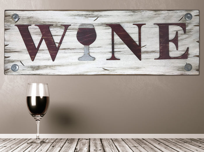 WINE with wine glass Sign, Horizontal Wood Bar Decor *Antique Red & White, Large Wall