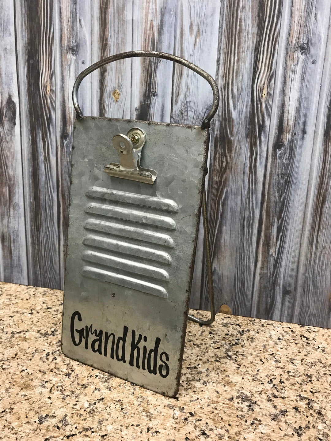 Grandkids PHOTO HOLDER Metal Antique Cheese Grater Picture Frame 4x6 photos Family - Wooden Hearts Inc