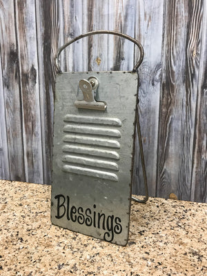 Blessings Sign PHOTO HOLDER Metal Antique Cheese Grater Standing Picture Frame  Family - Wooden Hearts Inc