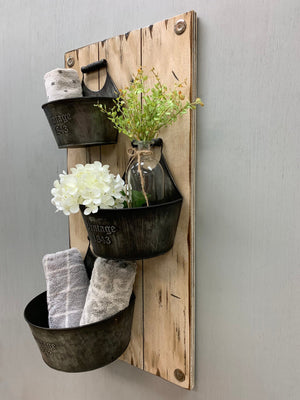 VINTAGE Wall Buckets *Bathroom Caddy *Distressed Wood *Rustic Towel Rack Storage *White 14X29 - Wooden Hearts Inc
