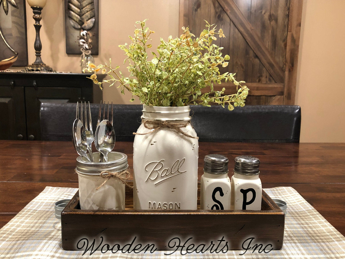 MASON Jar Kitchen 5pc SET in TRAY Quart Vase + Flower, Salt & Pepper Ball Jars Centerpiece - Wooden Hearts Inc