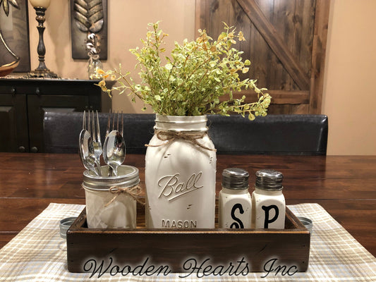 MASON Jar Kitchen 5pc SET in TRAY Quart Vase + Flower, Salt & Pepper Ball Jars Centerpiece - Wooden Hearts Inc