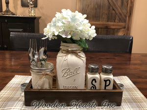 MASON Jar Kitchen 5pc SET in TRAY Quart Vase + Flower, Salt & Pepper Ball Jars Centerpiece - Wooden Hearts Inc
