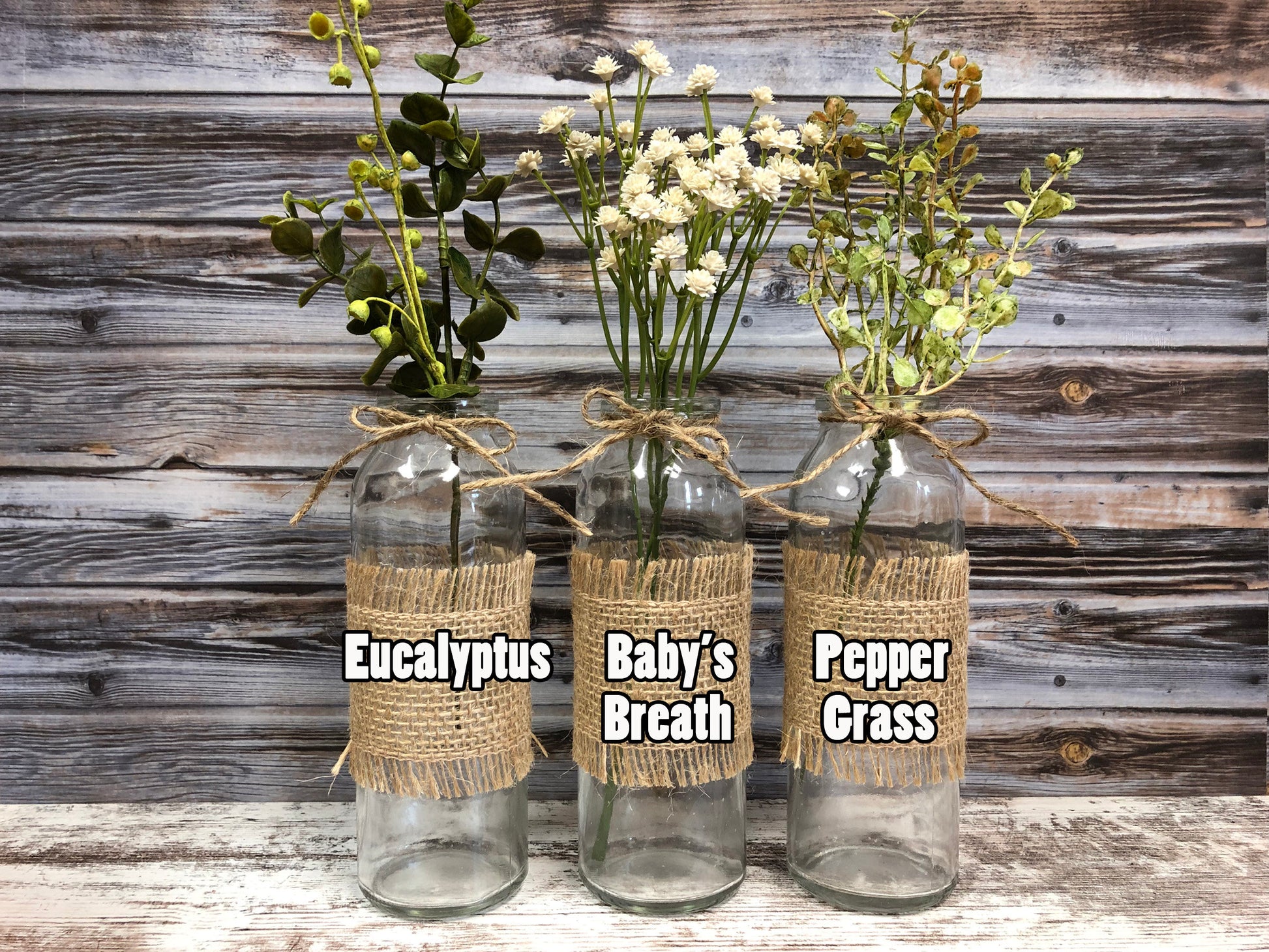 Glass bottle jar *Burlap ribbon & greenery *Wedding baby shower kitchen table centerpiece vase - Wooden Hearts Inc