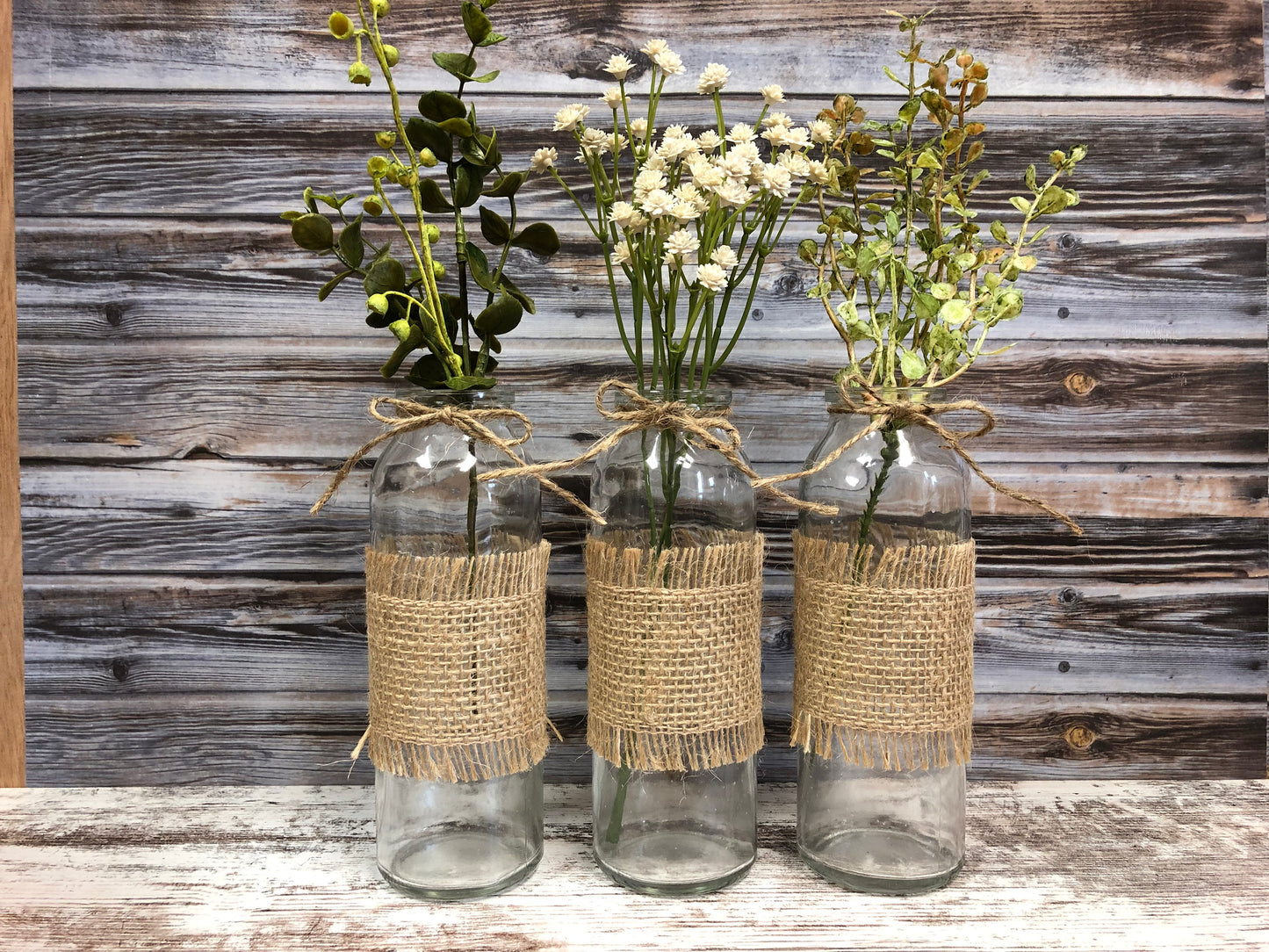 Glass bottle jar *Burlap ribbon & greenery *Wedding baby shower kitchen table centerpiece vase - Wooden Hearts Inc