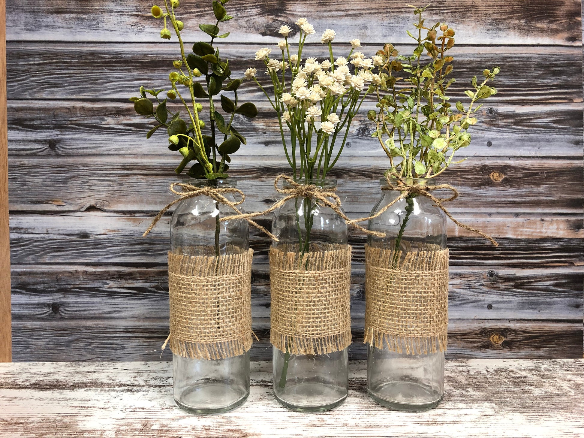 Glass bottle jar *Burlap ribbon & greenery *Wedding baby shower kitchen table centerpiece vase - Wooden Hearts Inc