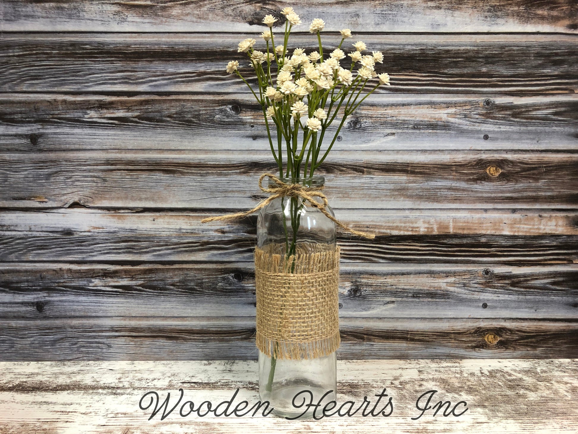 Glass bottle jar *Burlap ribbon & greenery *Wedding baby shower kitchen table centerpiece vase - Wooden Hearts Inc