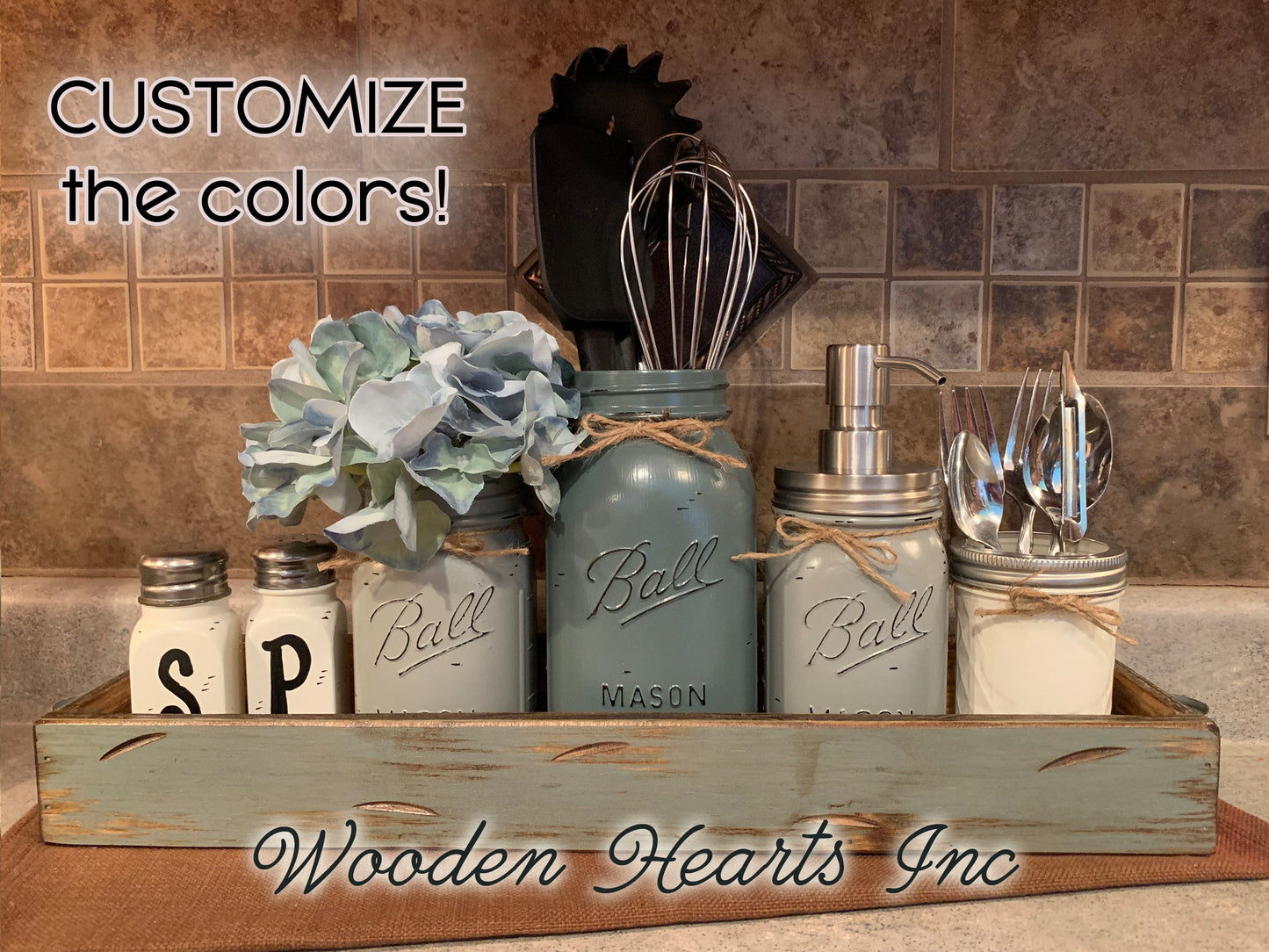 Kitchen Mason Jar Decor Wood TRAY 7pc SET, Salt & Pepper Flower Utensil Holder Soap Dispenser - Wooden Hearts Inc