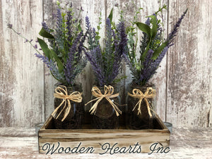 Table Decor for home *LAVENDER purple flower arrangement wood TRAY *3 pint jars *Table Centerpiece - Wooden Hearts Inc