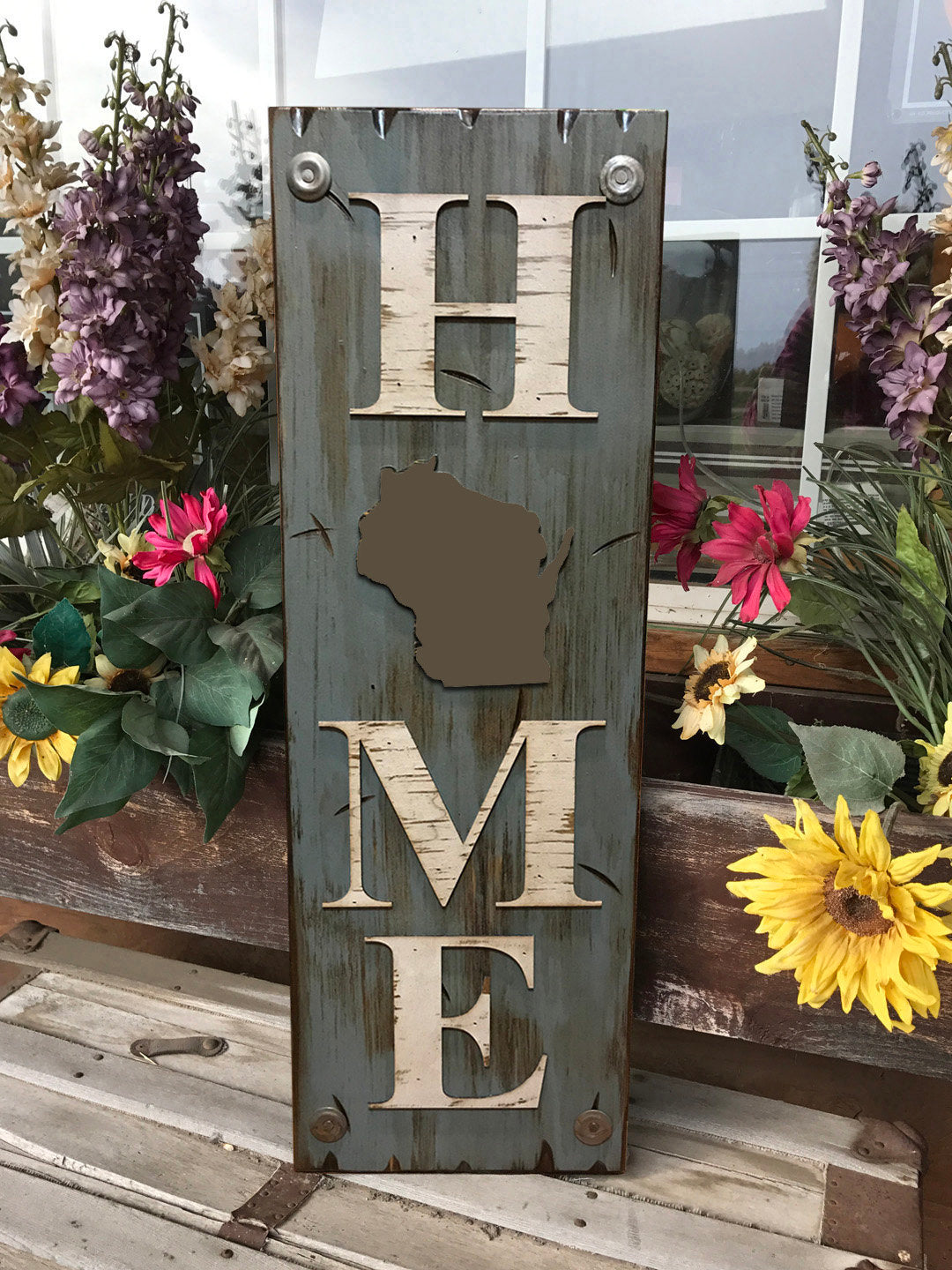 WISCONSIN Sign  Farm Home Lake Welcome word, Rustic Distressed Wood 50 States WI - Wooden Hearts Inc