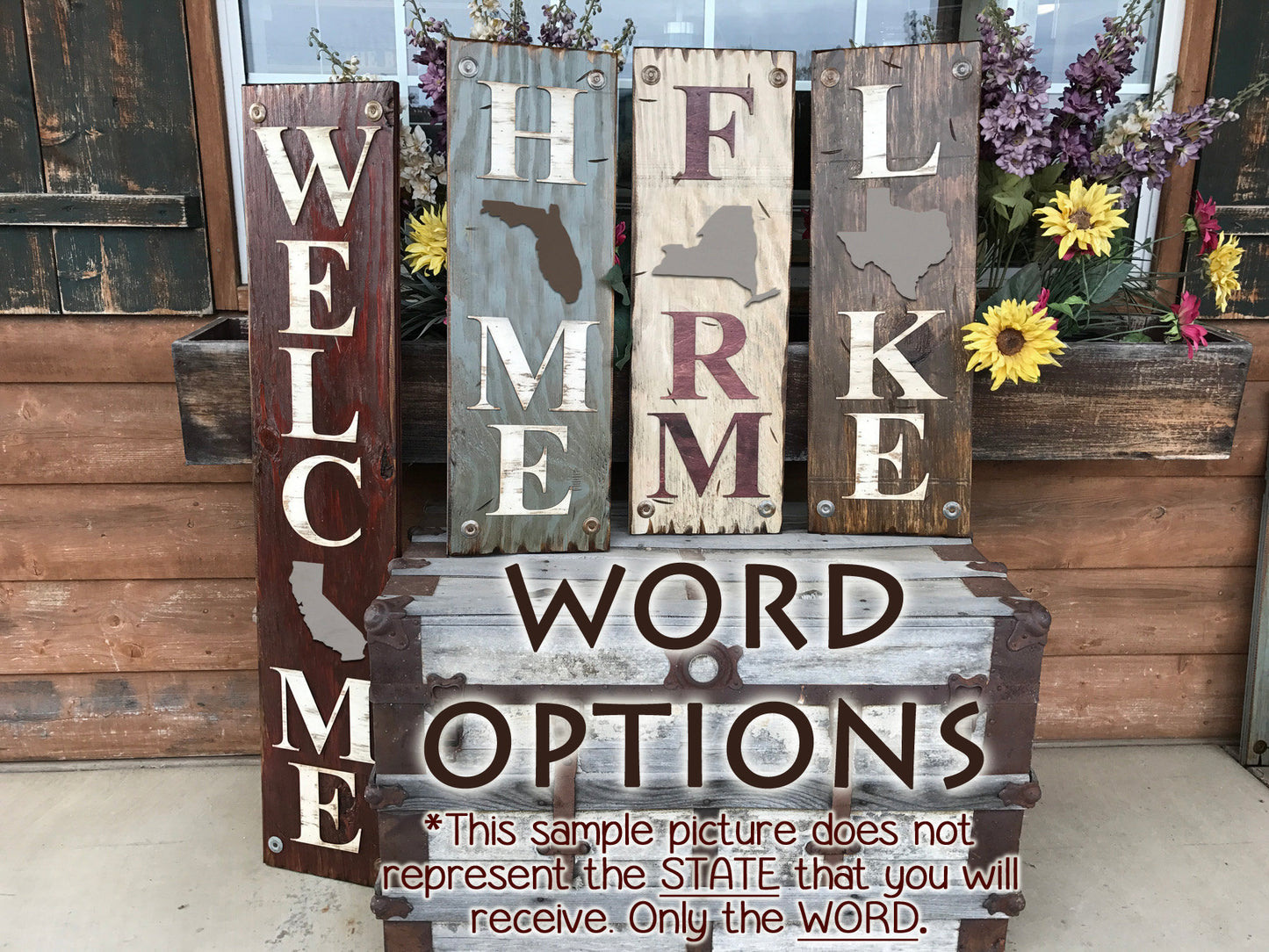 WISCONSIN Sign  Farm Home Lake Welcome word, Rustic Distressed Wood 50 States WI - Wooden Hearts Inc