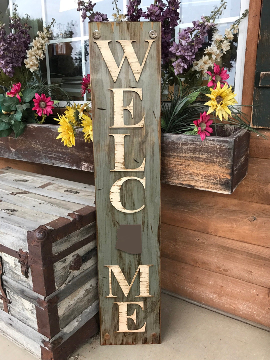 ARIZONA Sign State Home Welcome word, Rustic Distressed Wood Wall AZ 50 States - Wooden Hearts Inc
