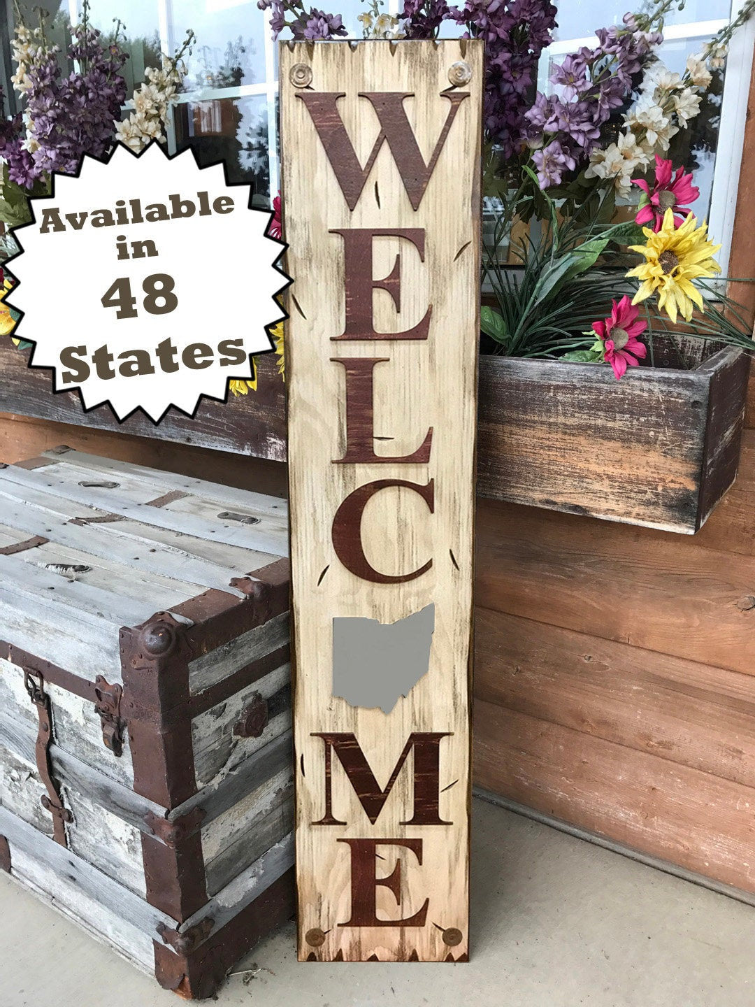 OHIO Sign  Farm Home Lake Welcome word, Rustic Distressed Wood OH 50 States - Wooden Hearts Inc