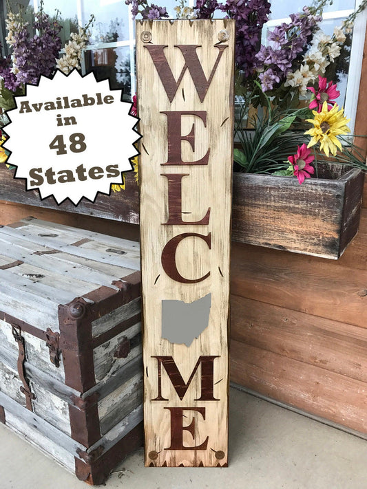 OHIO Sign  Farm Home Lake Welcome word, Rustic Distressed Wood OH 50 States - Wooden Hearts Inc