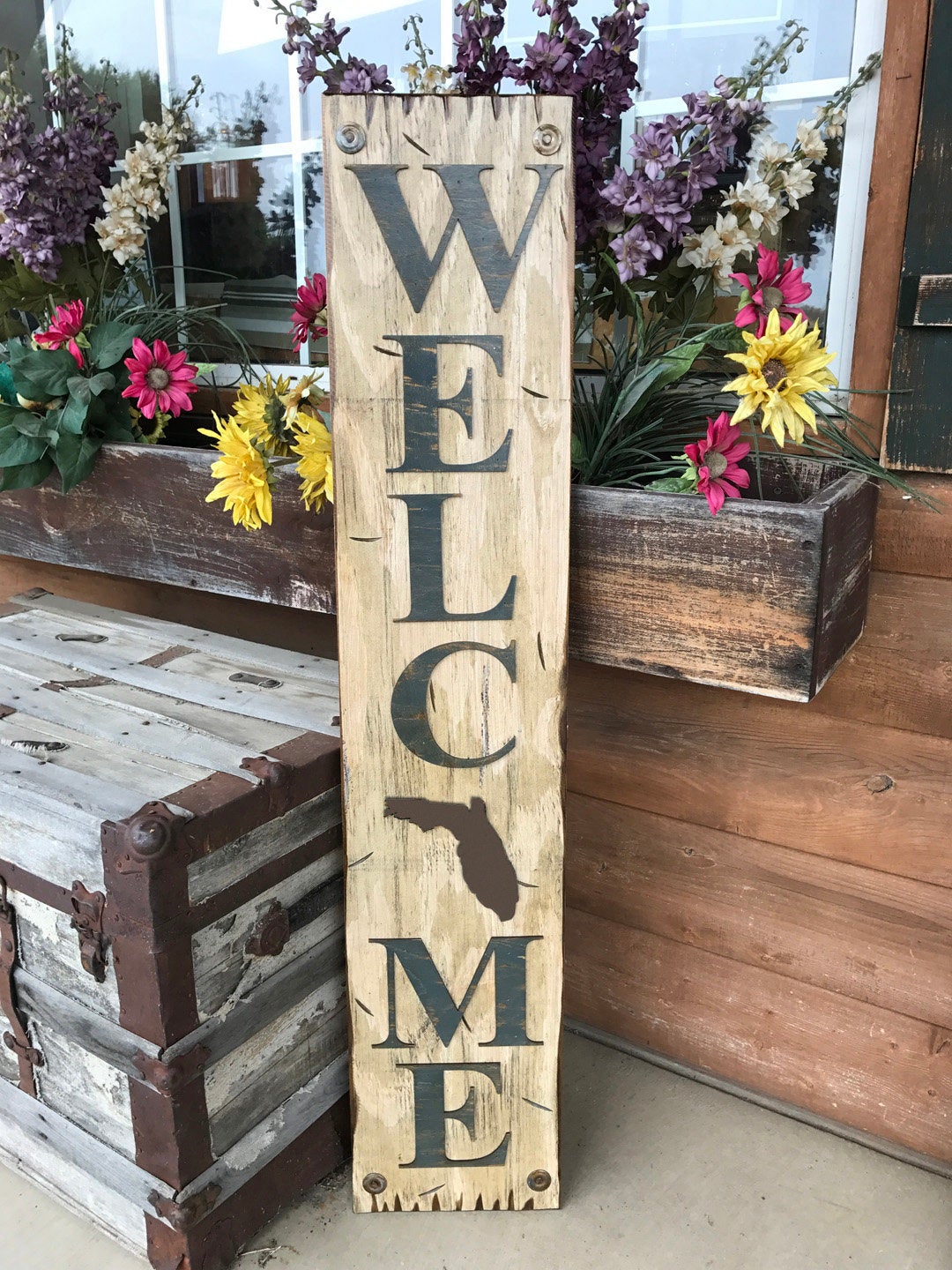 FLORIDA STATE Sign  Farm Home Lake or Welcome, Rustic Distressed Wood Wall FL 50 states - Wooden Hearts Inc