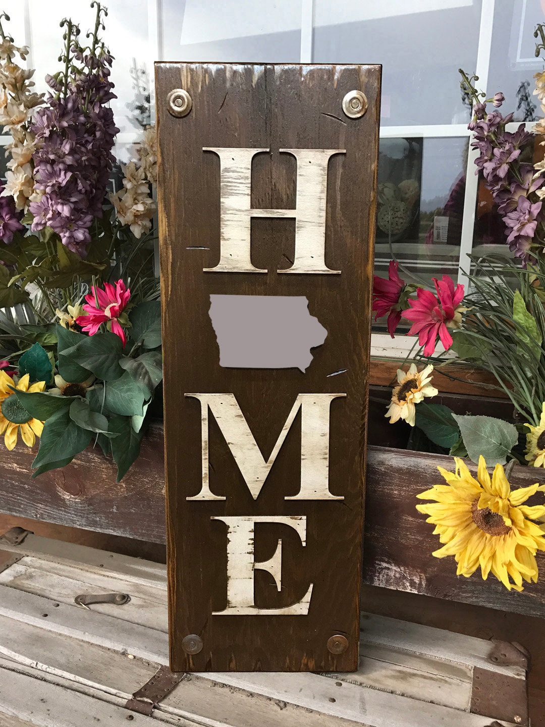 IOWA Sign State Farm Home Lake Welcome word, Rustic Distressed Wood  IA 50 States - Wooden Hearts Inc
