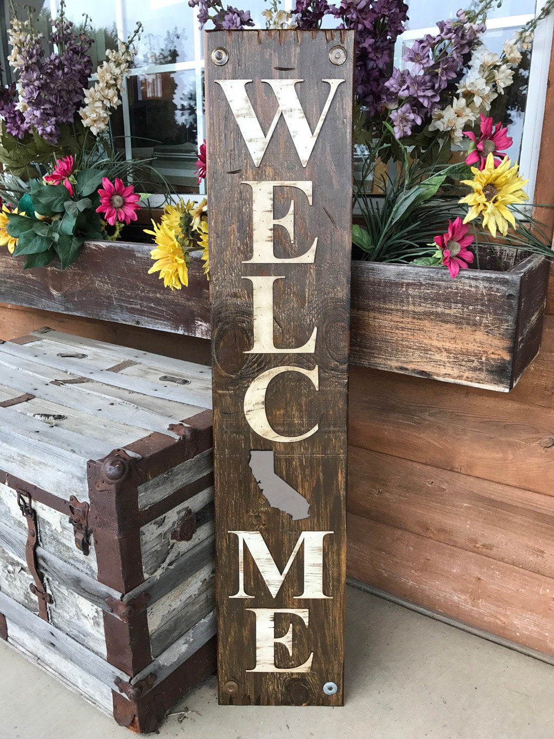 Welcome CALIFORNIA STATE Sign Farm Home Lake, Rustic Distressed Wood CA 50 states - Wooden Hearts Inc