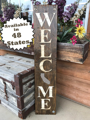 Welcome CALIFORNIA STATE Sign Farm Home Lake, Rustic Distressed Wood CA 50 states - Wooden Hearts Inc