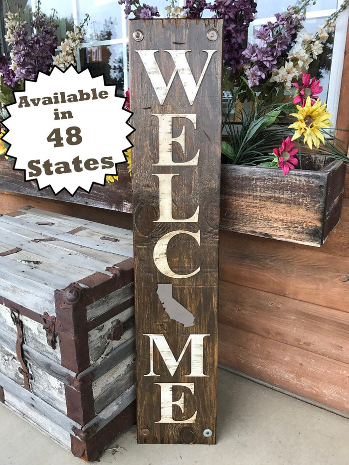 Welcome CALIFORNIA STATE Sign Farm Home Lake, Rustic Distressed Wood CA 50 states