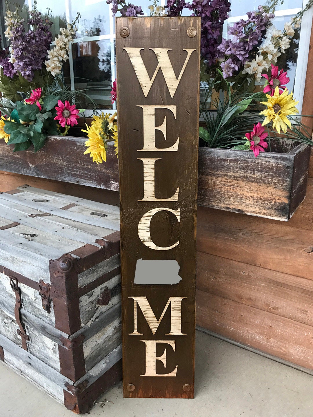 PENNSYLVANIA Sign  Farm Home Lake Welcome, Rustic Distressed Wood 50 States PA - Wooden Hearts Inc