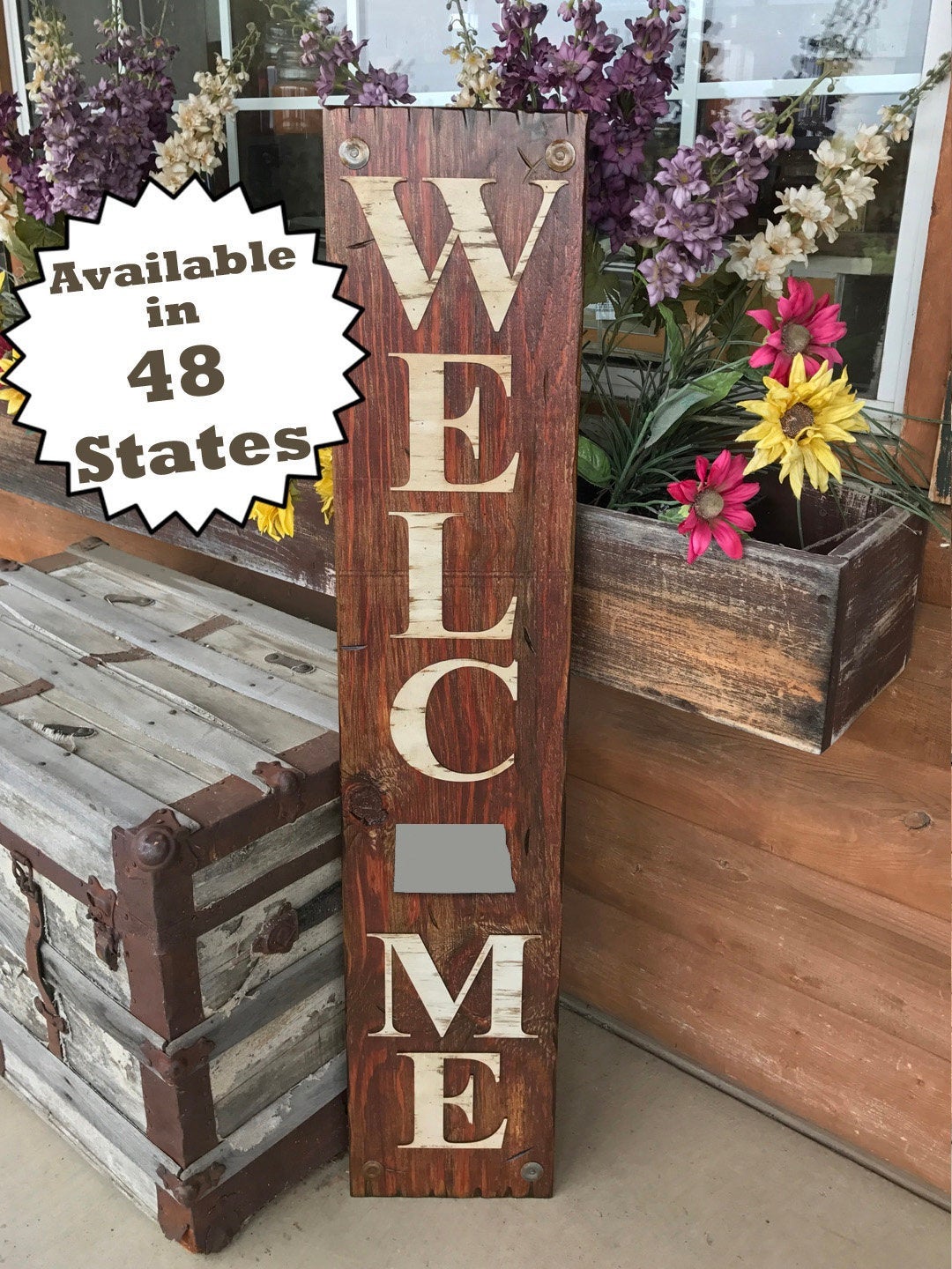 NORTH DAKOTA STATE Sign  Farm Home Lake or Welcome, Rustic Distressed Wood 50 states Nd - Wooden Hearts Inc