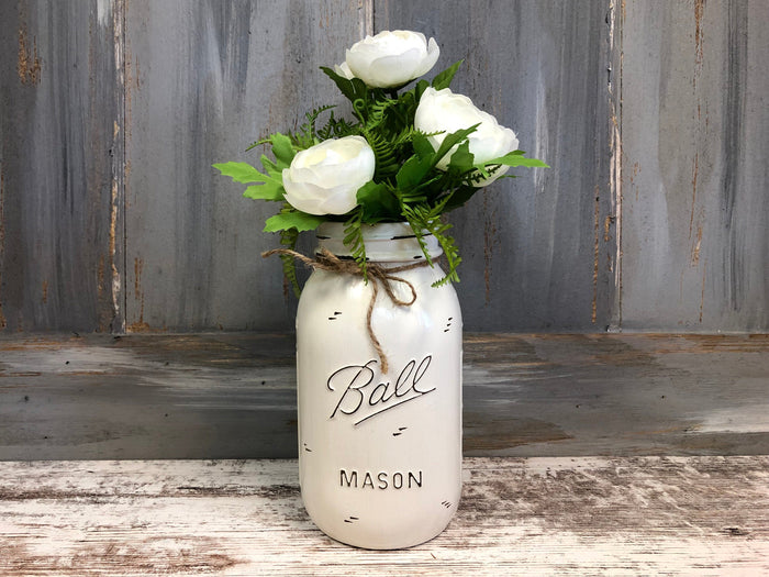 MASON Jar WEDDING Table Decor Distressed Ball QUART Painted Centerpiece (Flower Optional)