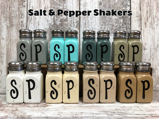 SALT and PEPPER SHAKER set of with 2 Stainless Steel Lids ~Square Kitchen S P Shakers - Wooden Hearts Inc