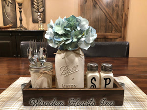 MASON Jar Kitchen 5pc SET in TRAY Quart Vase + Flower, Salt & Pepper Ball Jars Centerpiece - Wooden Hearts Inc