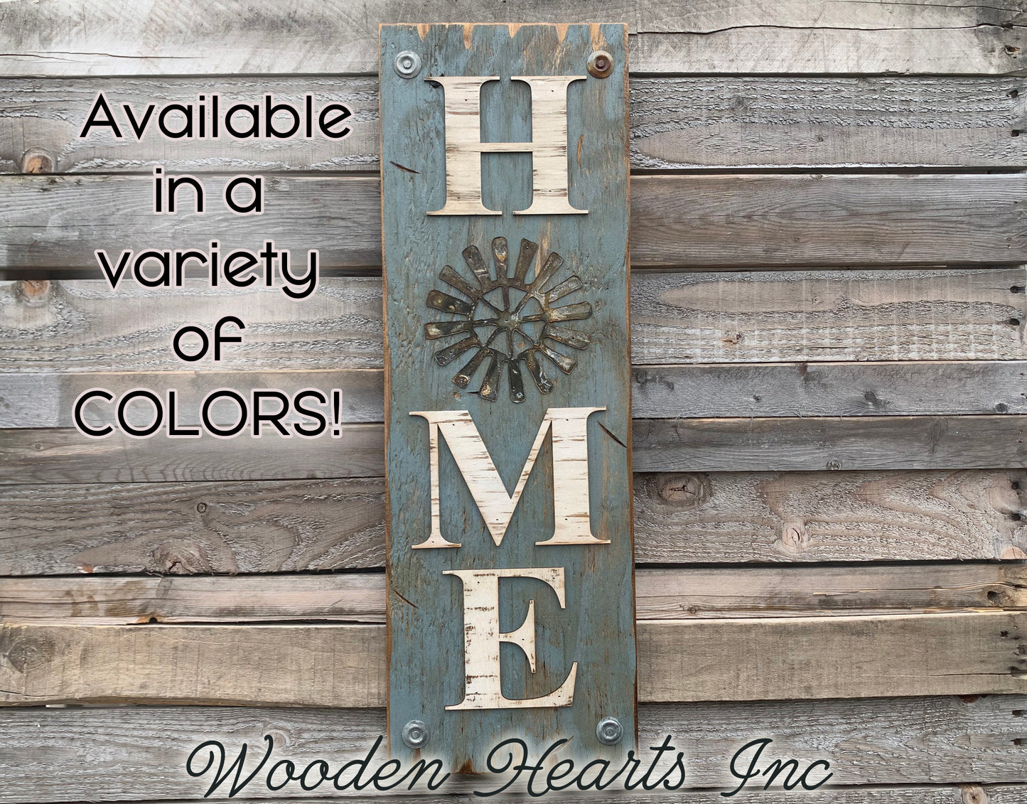 HOME Windmill Sign Indoor Outdoor Farmhouse Welcome  Rustic Distressed Wood - Wooden Hearts Inc