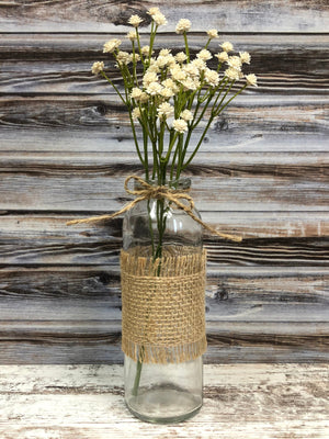 Glass bottle jar *Burlap ribbon & greenery *Wedding baby shower kitchen table centerpiece vase - Wooden Hearts Inc