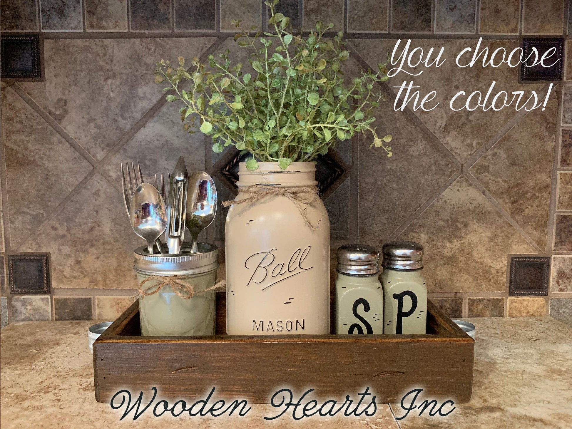 Kitchen Table Centerpiece Jar Set 5pc, Wood TRAY, Quart Vase Flower, Salt & Pepper Mason Ball Jars - Wooden Hearts Inc
