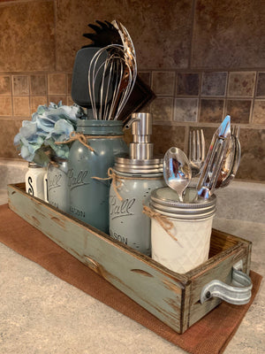 Kitchen Mason Jar Decor Wood TRAY 7pc SET, Salt & Pepper Flower Utensil Holder Soap Dispenser - Wooden Hearts Inc
