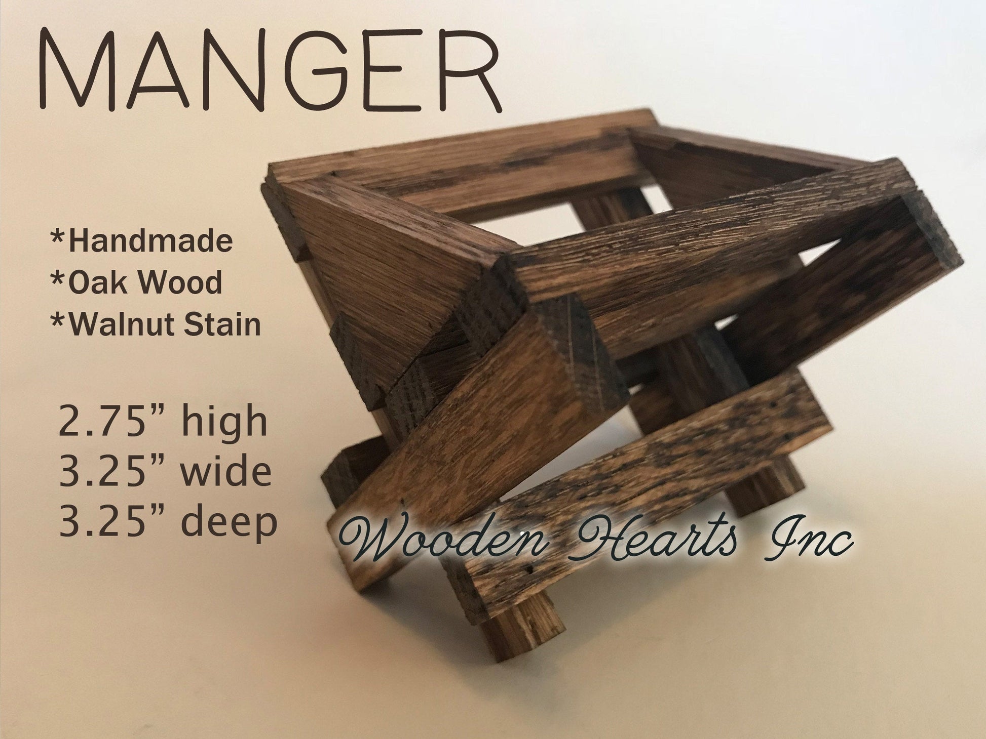 BABY MANGER -Walnut Wood -Compatible with Willow Tree Angel Nativity Pieces -Fits our STABLE Creche - Wooden Hearts Inc