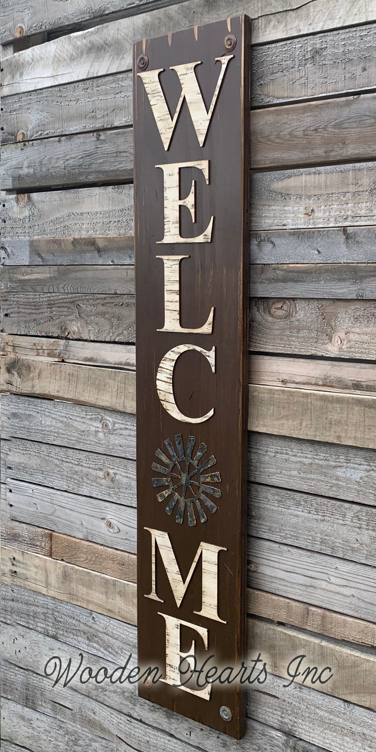 Home Welcome Windmill Wall Decor Sign  Farmhouse , Rustic Distressed Wood - Wooden Hearts Inc