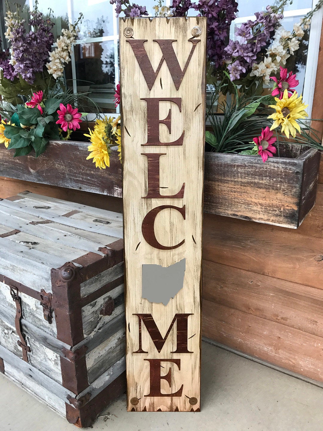 OHIO Sign  Farm Home Lake Welcome word, Rustic Distressed Wood OH 50 States - Wooden Hearts Inc