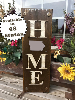 IOWA Sign State Farm Home Lake Welcome word, Rustic Distressed Wood  IA 50 States - Wooden Hearts Inc
