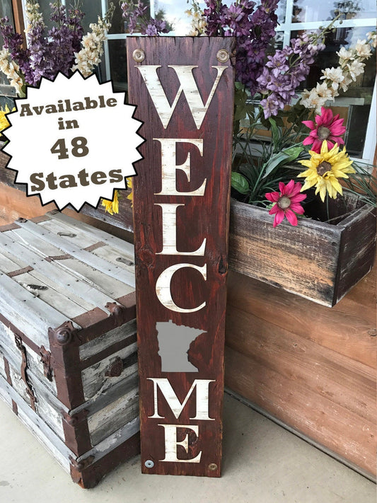 MINNESOTA STATE Sign WELCOME,  Farm Home Lake , Rustic Wood *Az Nj Nc Sc Il Wa Md Ma Co Xl Large Mn - Wooden Hearts Inc