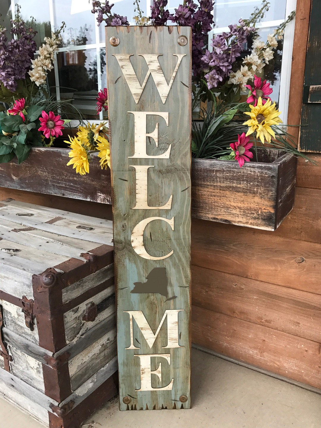 NEW YORK STATE Sign Farm Home Lake Welcome word, Rustic Distressed Wood 50 states Ny - Wooden Hearts Inc