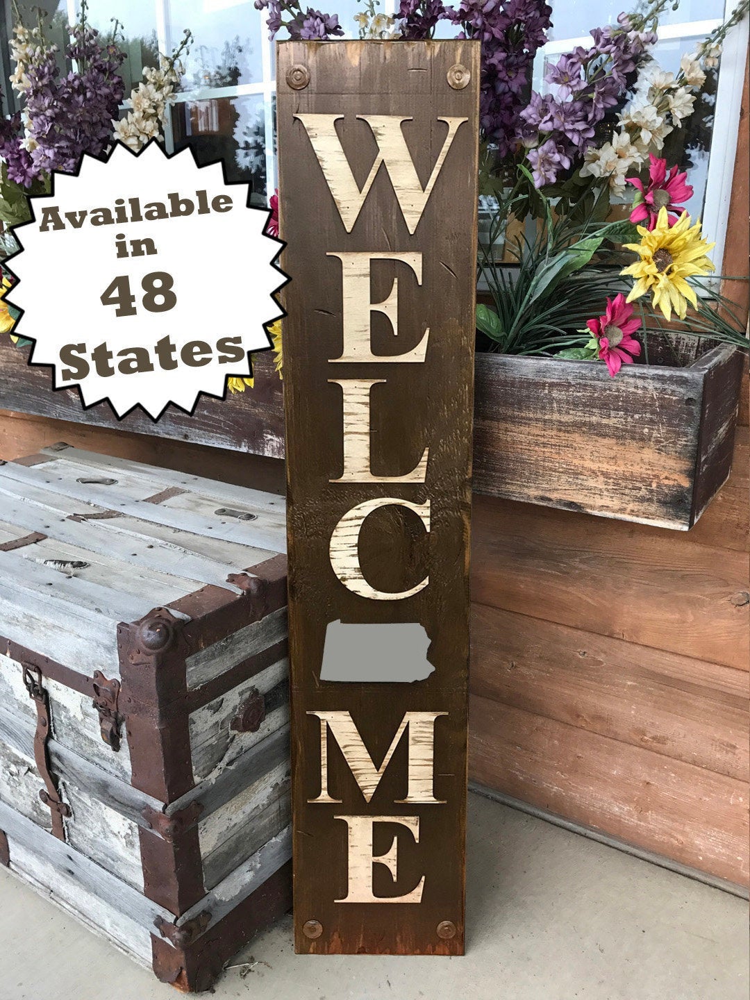 PENNSYLVANIA Sign  Farm Home Lake Welcome, Rustic Distressed Wood 50 States PA - Wooden Hearts Inc