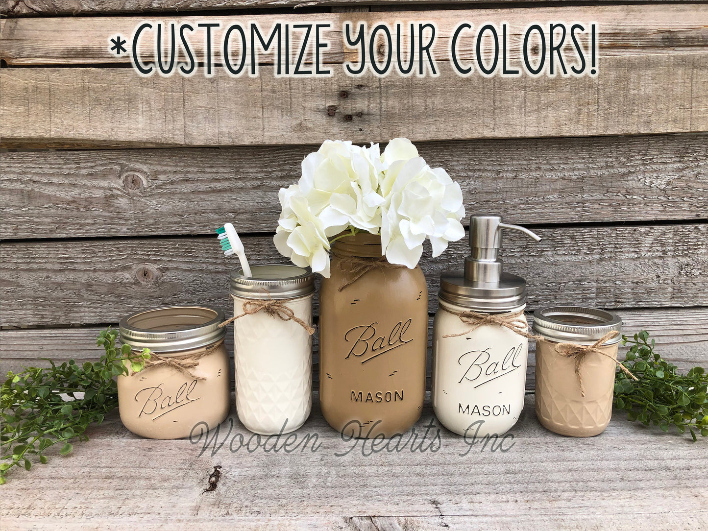 6 piece MASON Jar Bathroom Decor SET, Soap Pump Makeup Toothbrush Cotton Holder Flower - Wooden Hearts Inc