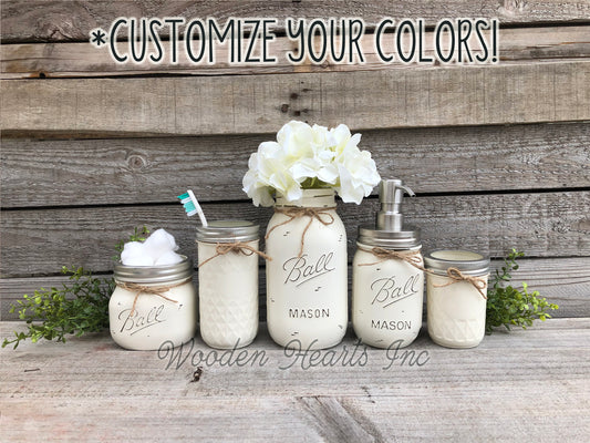 6 piece MASON Jar Bathroom Decor SET, Soap Pump Makeup Toothbrush Cotton Holder Flower - Wooden Hearts Inc