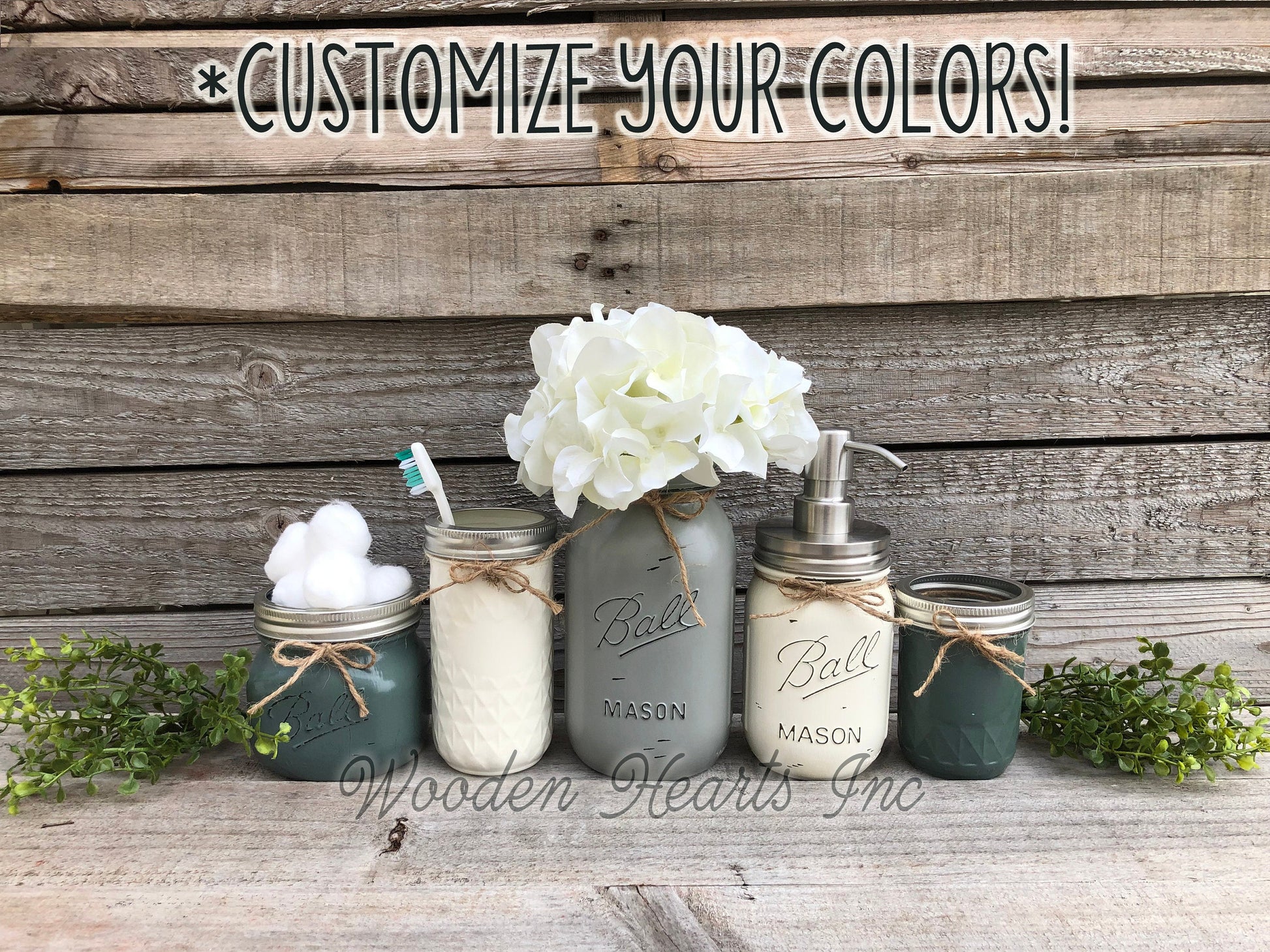 6 piece MASON Jar Bathroom Decor SET, Soap Pump Makeup Toothbrush Cotton Holder Flower - Wooden Hearts Inc