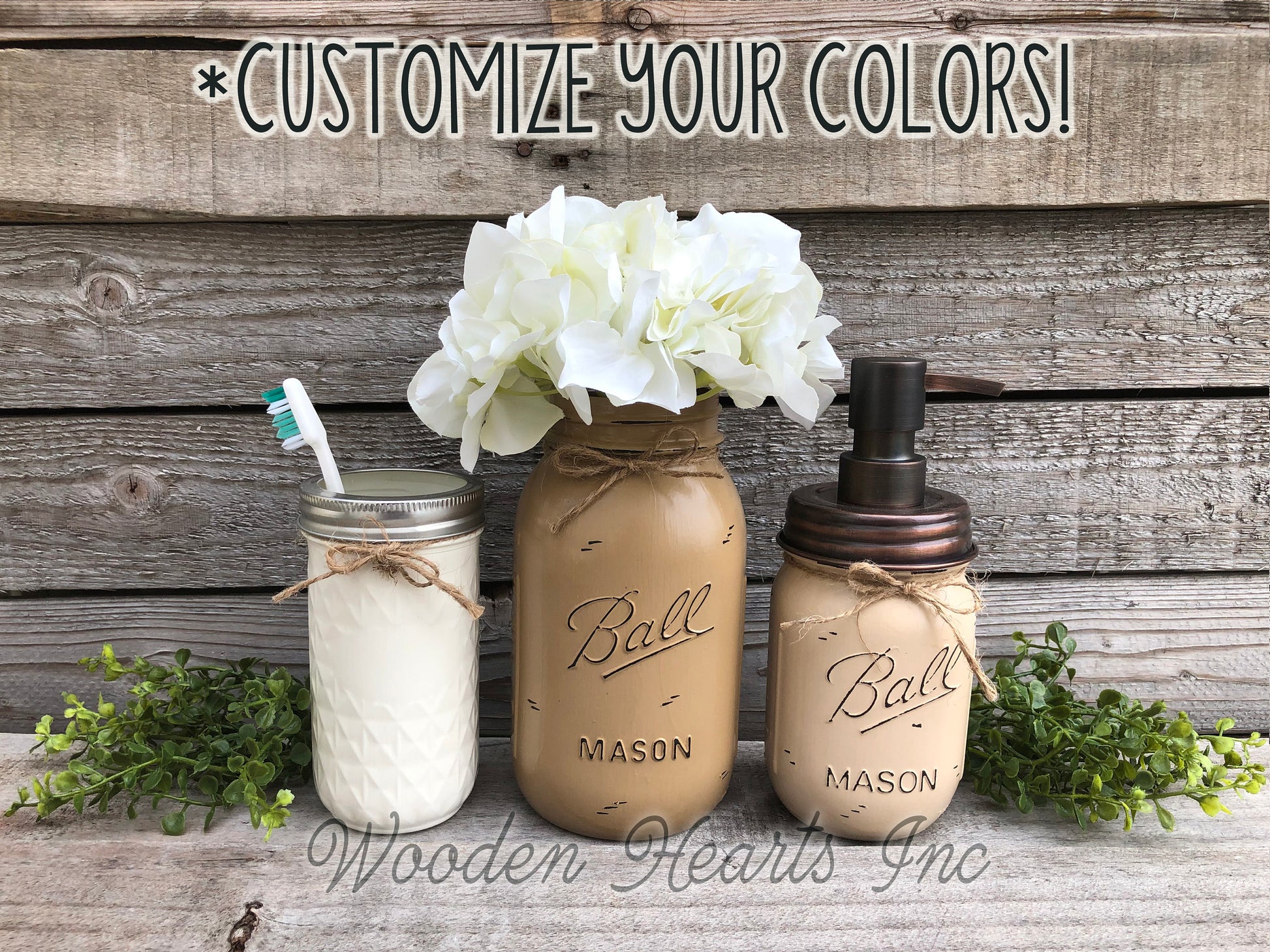 MASON Jar Bathroom 4 piece SET, Soap Pump Makeup Brush Flower Vase Toothbrush Holder Jars - Wooden Hearts Inc
