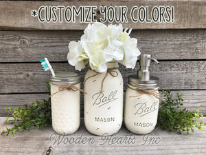 MASON Jar Bathroom 4 piece SET, Soap Pump Makeup Brush Flower Vase Toothbrush Holder Jars - Wooden Hearts Inc